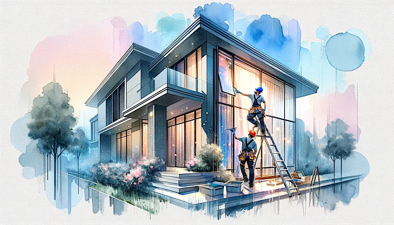 Contractors replacing an existing window on a contemporary house in California